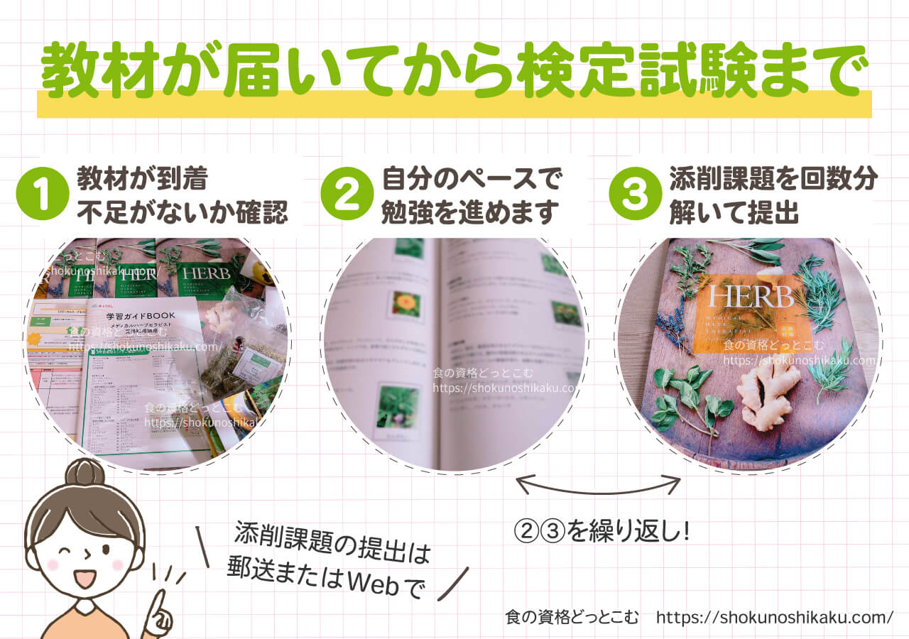 キャリカレのメディカルハーブセラピスト資格講座の学習の流れ